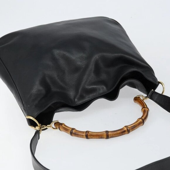 GUCCI Bamboo Hand Bag Leather 2way Black Gold - Picture 7 of 16